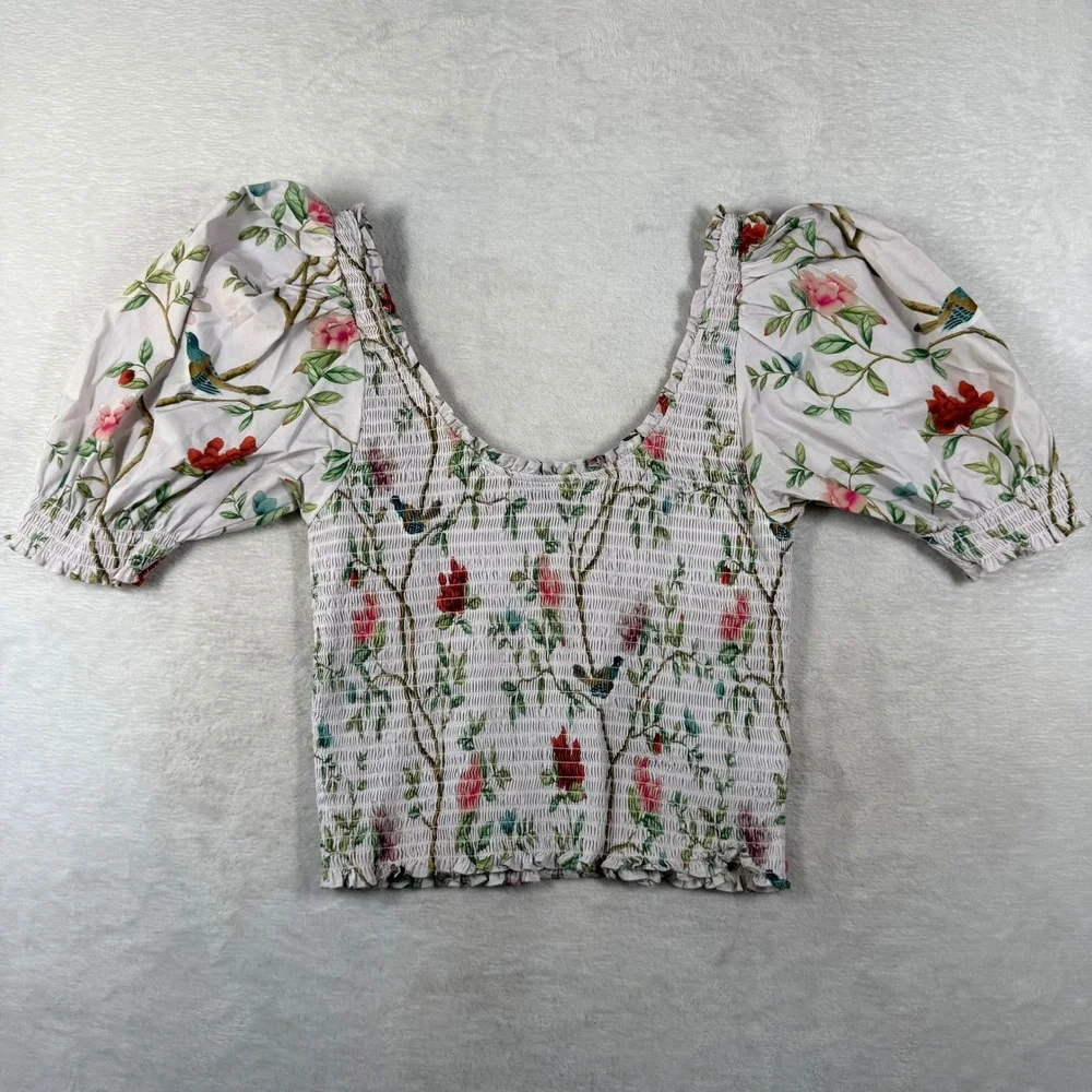 Hill House Home x Diane Hill Aurora Top Small Floral Bird Smocked Puff Sleeve